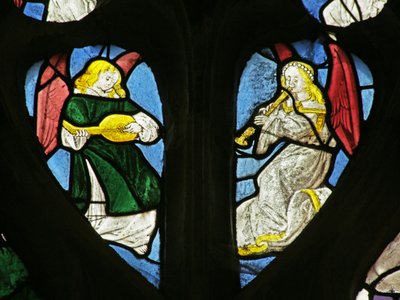 Window depicting musical angels with shawm and lute by French School